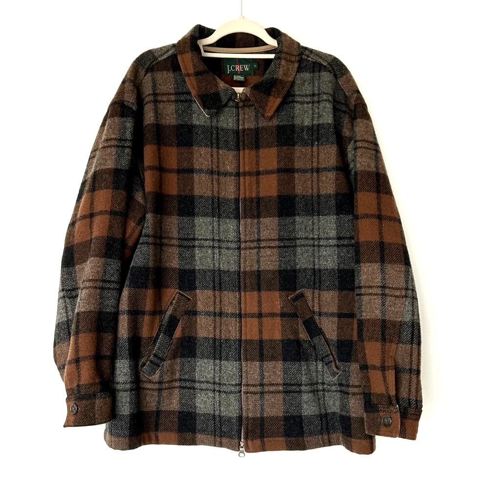 Vintage J.Crew Made in USA Wool Plaid Zip Jacket Brown Gray Check L Workwear EUC - Picture 2 of 16